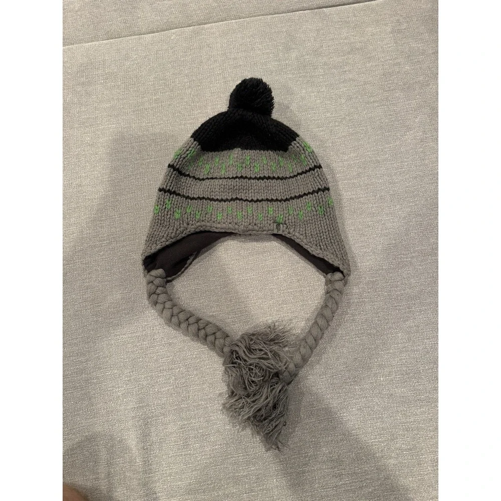The North Face Gray Knit Earflap Beanie Hat Pom Pom Green Black Winter
